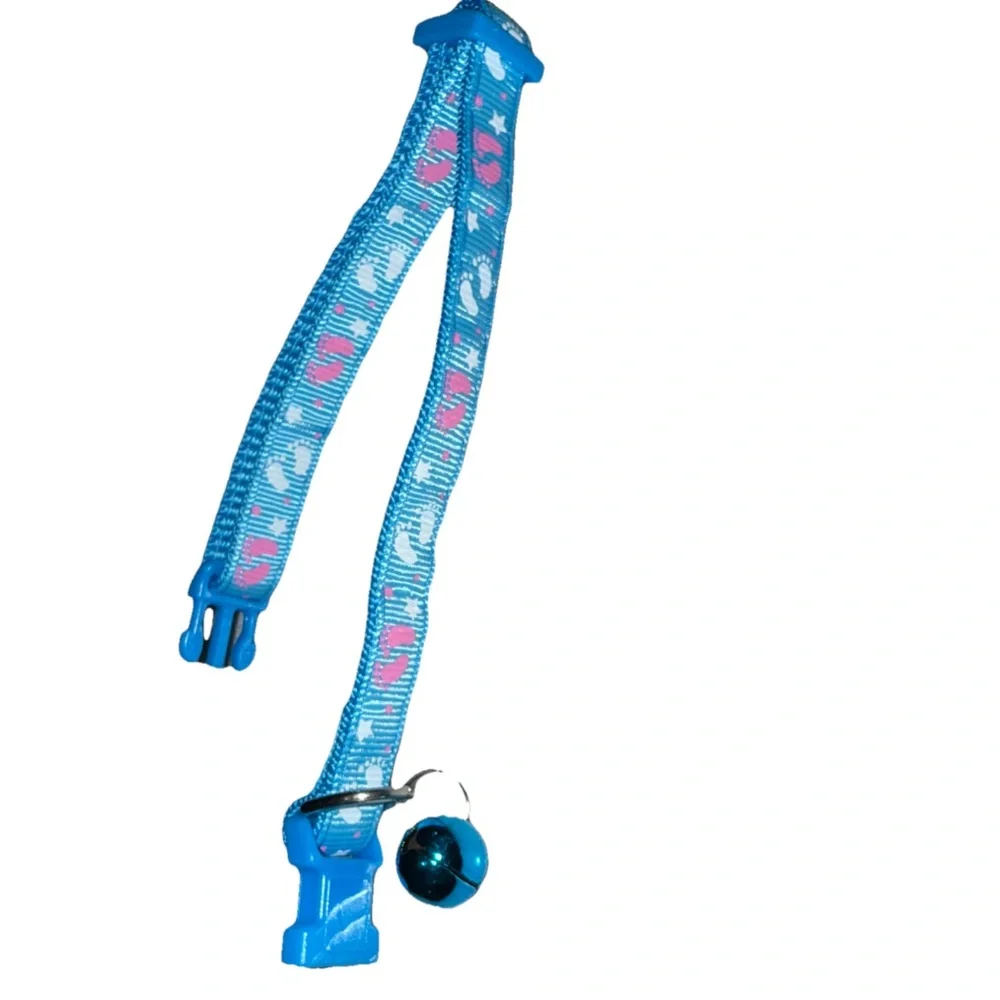 Pet Collar w/Bell Blue Pink/White Baby Foot Print Design Adjustable SM-MD NEW